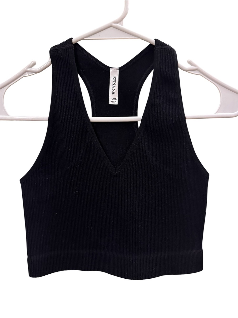 Zenana Outfitters Black Ribbed V-Neck Racerback Crop Tank